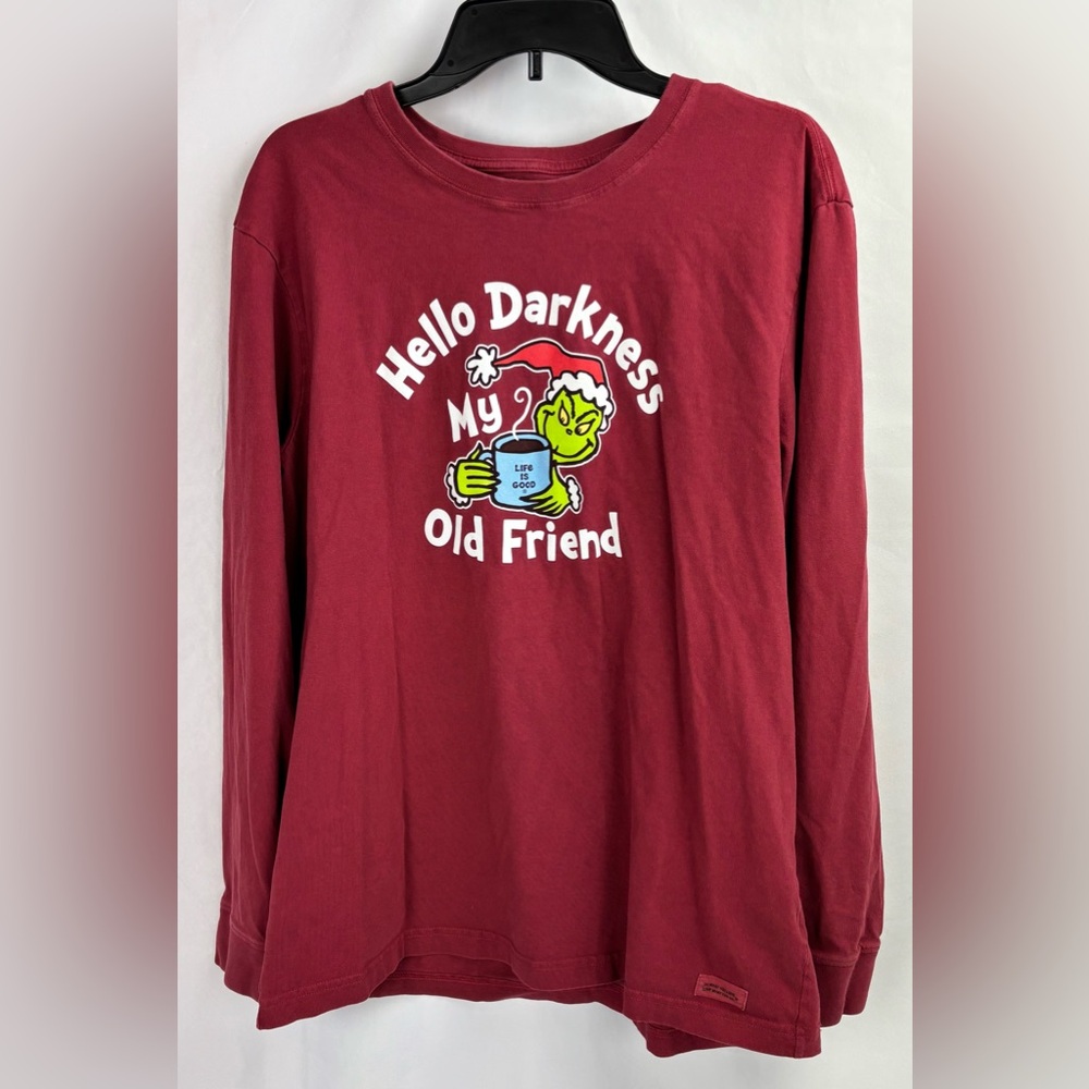 Life is Good Grinch Red Hello Darkness Coffee Long Sleeve Shirt Crusher Large